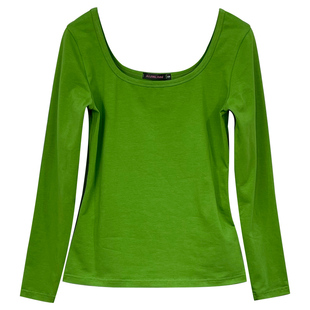 纯棉U领t恤女长袖大领口上衣黑色秋装修身漏背性感低领体恤打底衫