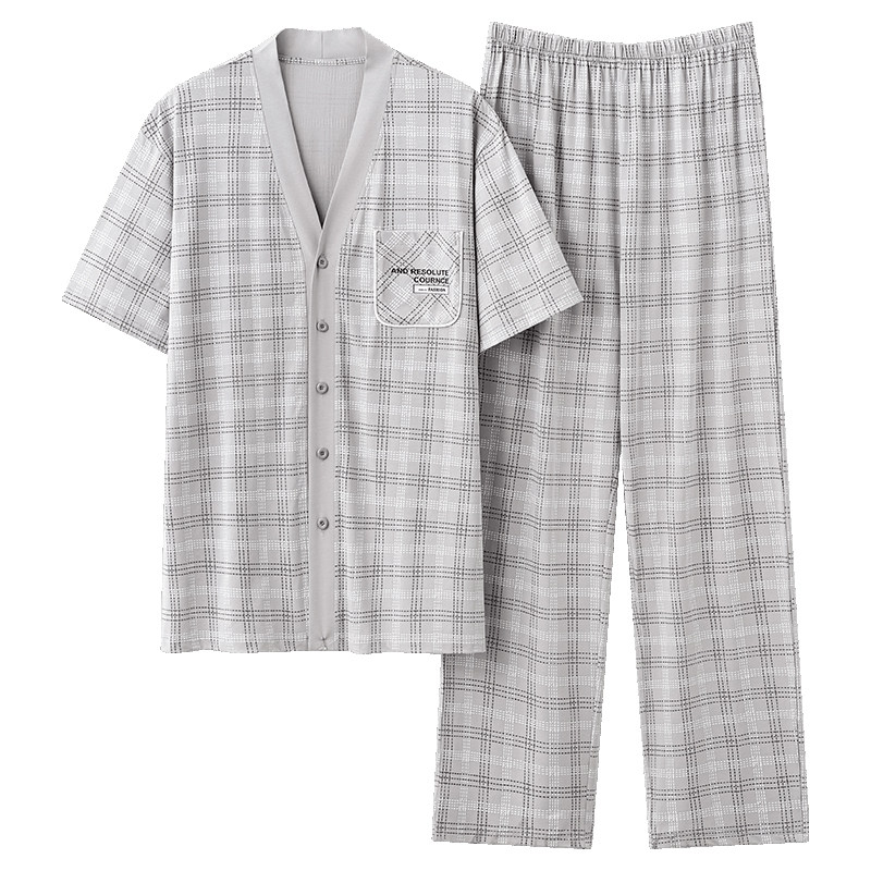 春秋夏季男士短袖长裤开衫家居服