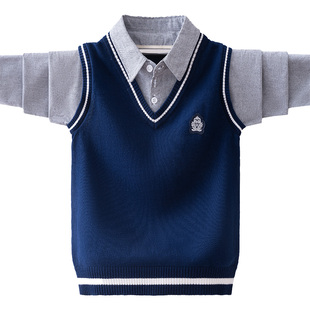 女童一体绒毛衣假两件春秋冬装套头中大童女孩加绒针织条纹打底衫