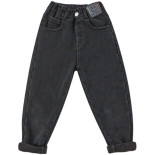 男童加绒牛仔裤2025秋冬款修身弹力中大童儿童休闲一体绒黑色长裤