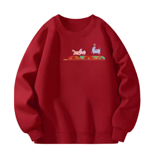 爱奇葩 原创马年红色卫衣国潮休闲圆领唐马轻裘卫衣男女款冬季