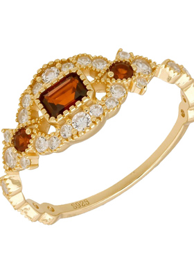 复古小方糖红石榴石925银戒指