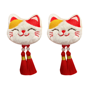 新年红色儿童发饰女童可爱招财猫咪发夹宝宝喜庆拜年发绳过年头绳