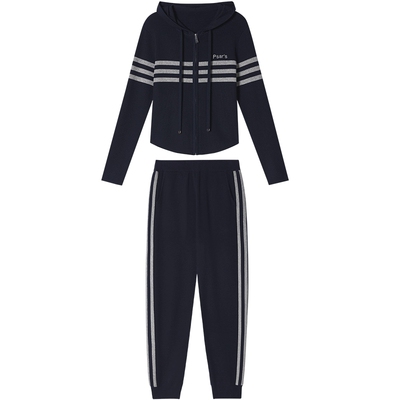 【精选套装】诗篇专选秋连帽条纹羊毛开衫针织衫收脚裤运动套装