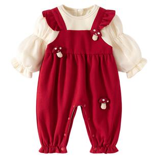 班喜迪婴儿衣服冬装加绒连体衣女宝宝百天周岁礼服哈衣过年拜年服