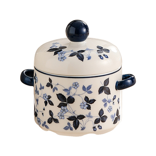 漫时光法式复古墨蓝野草莓陶瓷炖盅一人份双耳瓦罐家用小汤盅礼盒