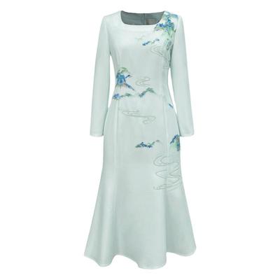 中式醋酸山水刺绣花青绿女连衣裙