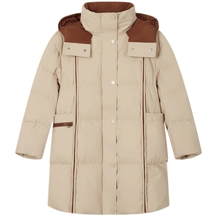 曼德诗撞色羽绒服女2025冬季新款时尚连帽面包服加厚蓬松保暖外套