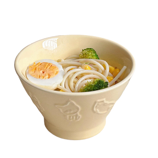 可爱斗笠碗浮雕猫咪高颜值陶瓷碗家用高级感米饭碗个人专用沙拉碗