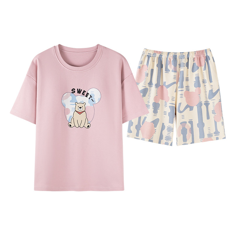 夏季纯棉女短袖短裤可外穿睡衣
