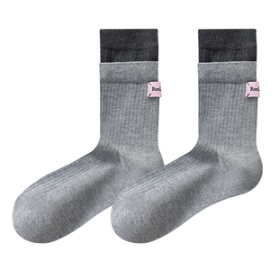 搭配瑜伽裤的袜子女款夏季双罗口中筒袜灰色堆堆纯棉纱线高筒长袜