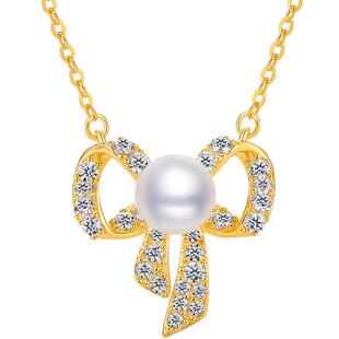 周六福S925银黄金色淡水珍珠蝴蝶结项链女官方正品情人节礼物