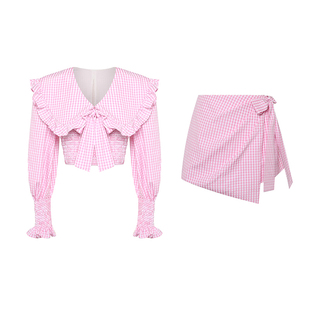 Maison Wester夏季娃娃领木耳边假两件上衣裤子短裤可露丽穿搭