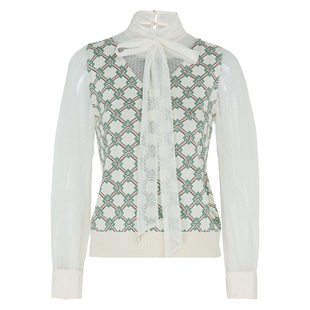 马天奴绿格蕾丝针织衫系带领长袖气质上衣套头衫春秋新款时尚女