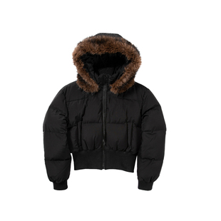 UNRETRO 短款黑色收腰羽绒服女冬季保暖大毛领小个子加厚修身外套