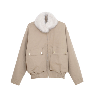 荒荒家大口袋毛领夹棉夹克外套2025冬季新款卡其色工装保暖上衣女