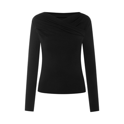 朗姿/LIME莱茵天丝羊毛修身打底衫非对称褶皱领线时尚26年春新款