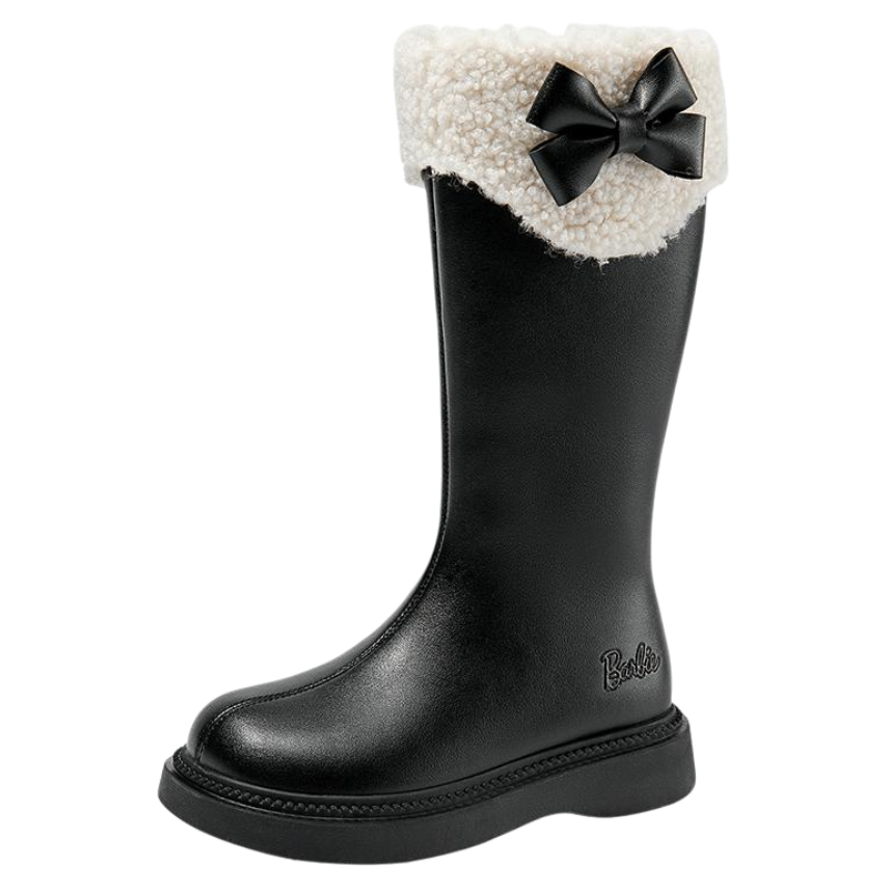 芭比童鞋女童靴子2025新款冬季加绒保暖长筒靴儿童皮靴高筒二棉靴