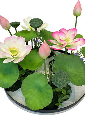 wo+圆桌转盘中间摆花仿真莲花