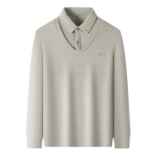 皮尔卡丹假两件羊毛衫加绒加厚男士保暖毛衣针织衫高端爸爸打底衫