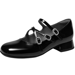 MIO米奥春款甜美复古双带玛丽珍鞋闪钻粗跟鞋交叉扣带女单鞋
