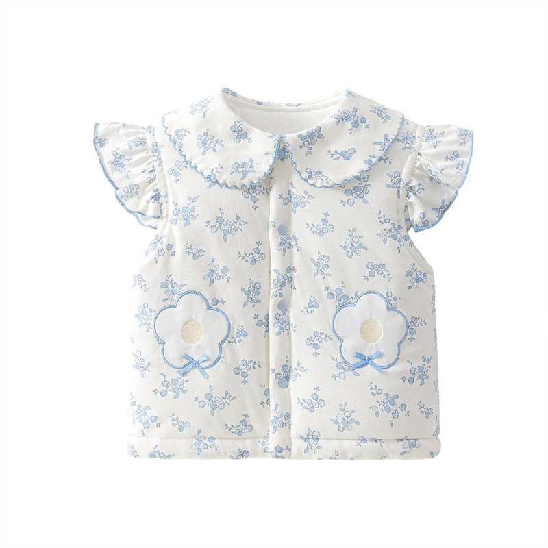 婴儿马甲秋冬季薄夹棉背心女宝宝森系马甲飞袖款小碎花保暖外出服