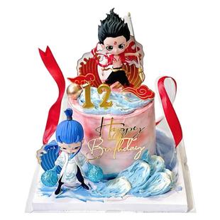 2025哪吒敖丙蛋糕装饰摆件风火轮红色混天绫儿童男生生日装扮插件