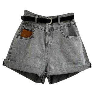 夏季新款高腰牛仔短裤女休闲宽松卷边白灰a字阔腿瘦百搭港味复古