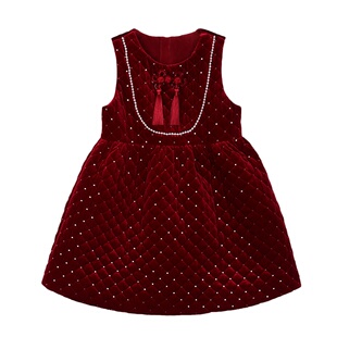 陈大猪童装女童红色连衣裙冬季新年好看中式洋气儿童千金背心裙子