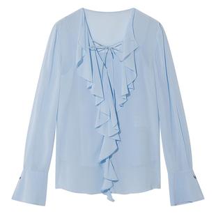 COVERINS【张婧仪同款】法式蓝色桑蚕丝真丝长袖衬衫女CC34170010