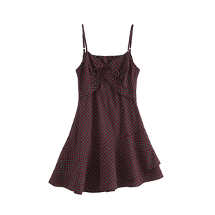 Adan复古格纹吊带裙韩系收腰显瘦百搭设计感荷叶边A字连衣裙女秋