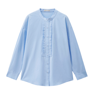 长袖纯棉小立领衬衫压褶门筒