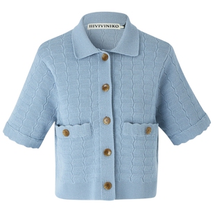 IIIVIVINIKO夏季新款宽松短款POLO领针织开衫女M423708622D