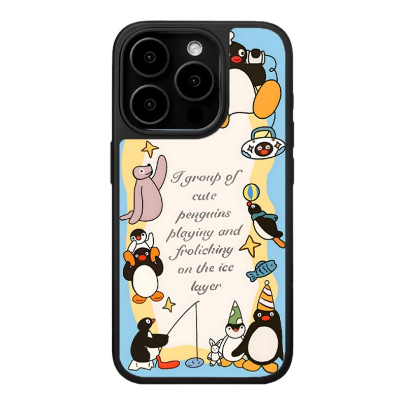 ins插画pingu企鹅黑框磨砂磁吸手机壳适用苹果iPhone16promax手机壳17pro玻璃手机壳14pro全包13趣味17