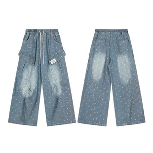 美式复古工装星星满印牛仔裤男女春秋季宽松多口袋阔腿裤休闲长裤
