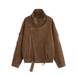 Adan麂皮绒机车外套春秋复古美拉德休闲宽松慵懒翻领廓形感夹克女