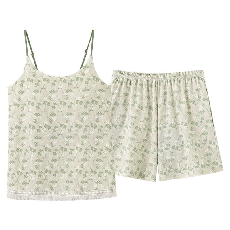 HEARMES 睡衣女夏季纯棉吊带凉感大码带胸垫网格绿叶套装家居服