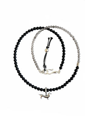 复古黑灰拼接s925纯银腊肠狗项链