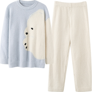 马克公主半边绒可爱北极熊情侣睡衣冬季抗静电男女士毛茸茸家居服