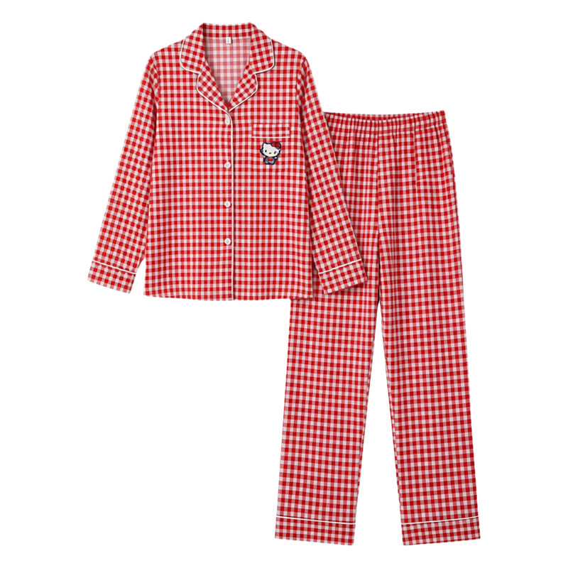 甜美红格子KT猫真丝家居服可外穿