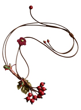 红樱桃手工编织花串珠长款项链