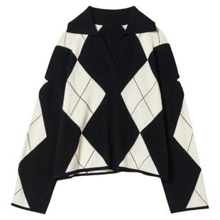 思诺芙德羊绒衫女黑白菱格毛衣格子山羊绒翻领针织衫气质套衫毛衫