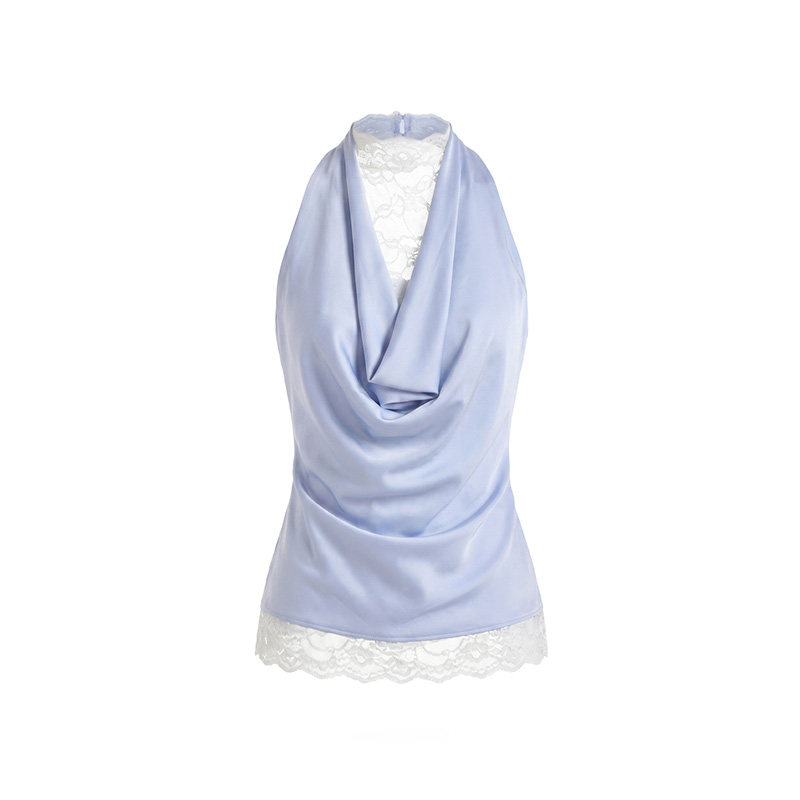 PynkiSwear 蓝色/白色荡领拼接蕾丝挂脖无袖背心女假两件收腰上衣