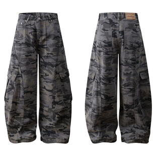 美式阔腿迷彩弯刀工装裤 立体大口袋高街做旧宽松休闲裤男女可穿