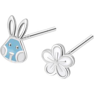 999纯银不对称兔子耳钉女小众设计个性银饰耳环养耳洞趣味小耳饰