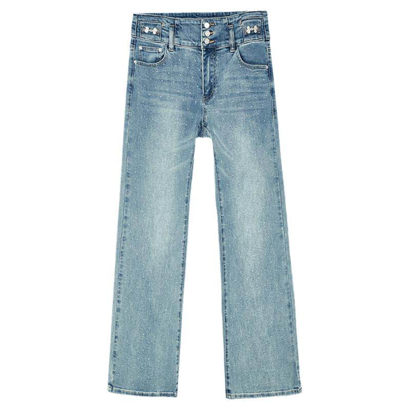 佧茜文烫钻牛仔喇叭裤2025秋季新款时尚高腰金属盘扣装饰长裤女