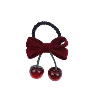 女童新年头饰酒红色丝绒蝴蝶结樱桃发圈气质可爱头绳过年皮筋发绳