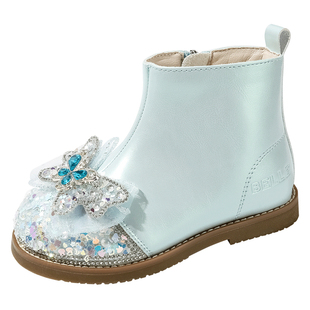 百丽童鞋幼童宝宝学步靴冬季加绒保暖小女孩公主靴女童时尚时装靴