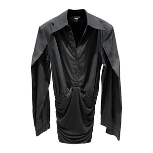 ANNAKIKI【陈燃明星同款】小众设计款 黑色双袖针梭拼接连衣裙女