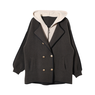 宝诗黎连帽假两件双排扣针织外套春季韩版新款宽松加厚毛呢大衣女